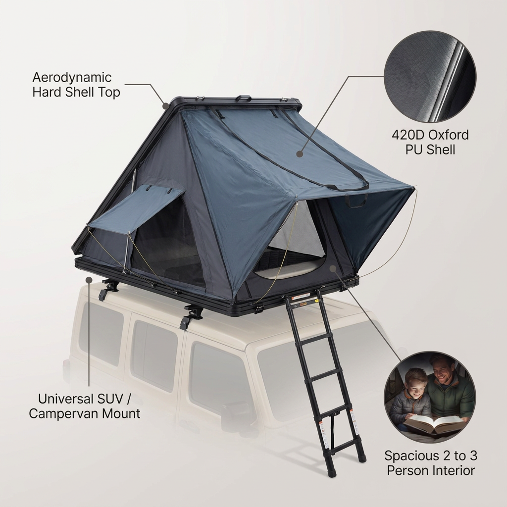 Hard Shell Rooftop Tent Pop-Up Tents 2-3 Person for SUV ‌Caravan Campervan — infographic